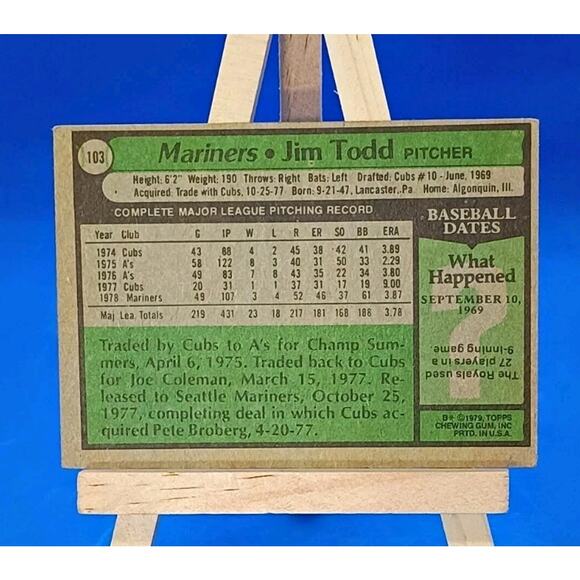 1979 Topps - Jim Todd #103 Seattle Mariners - Pitcher - Picture 4 of 4